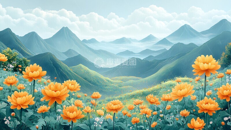 高清大图下载【趣麦麦图】黄花云山图黄花云山云彩1