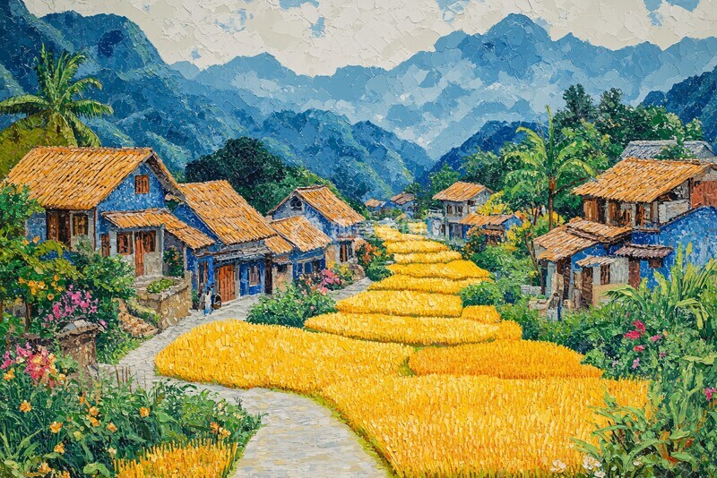 高清大图下载【趣麦麦图】稻田房屋山景画