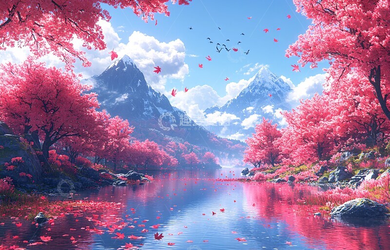 高清大图下载【趣麦麦图】河岸红叶飘落