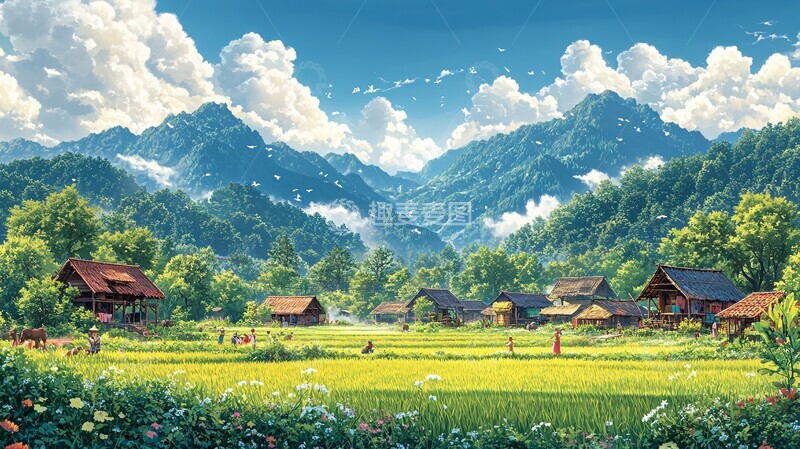 高清大图下载【趣麦麦图】稻田村庄生活场景