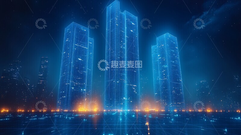 高清大图下载【趣麦麦图】蓝色网格建筑群2