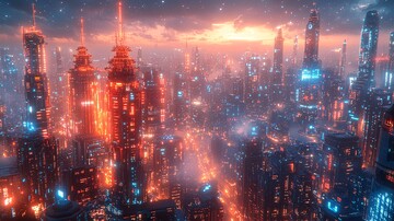 蓝色霓虹灯城市夜景