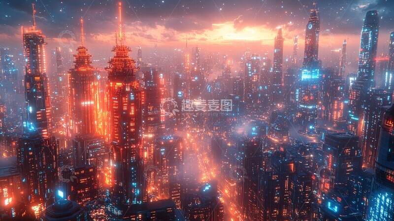 高清大图下载【趣麦麦图】蓝色霓虹灯城市夜景