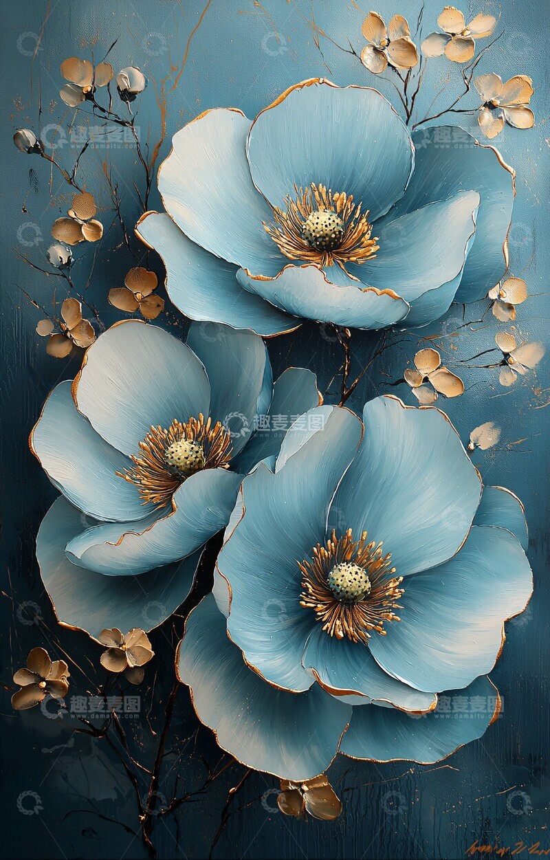 高清大图下载【趣麦麦图】青花金线花卉图