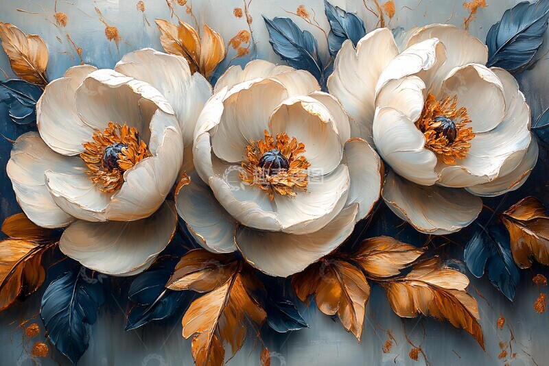 高清大图下载【趣麦麦图】白花金叶牡丹图