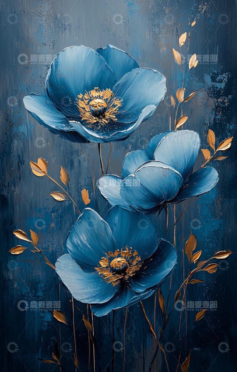 高清大图下载【趣麦麦图】青花金线花卉图2