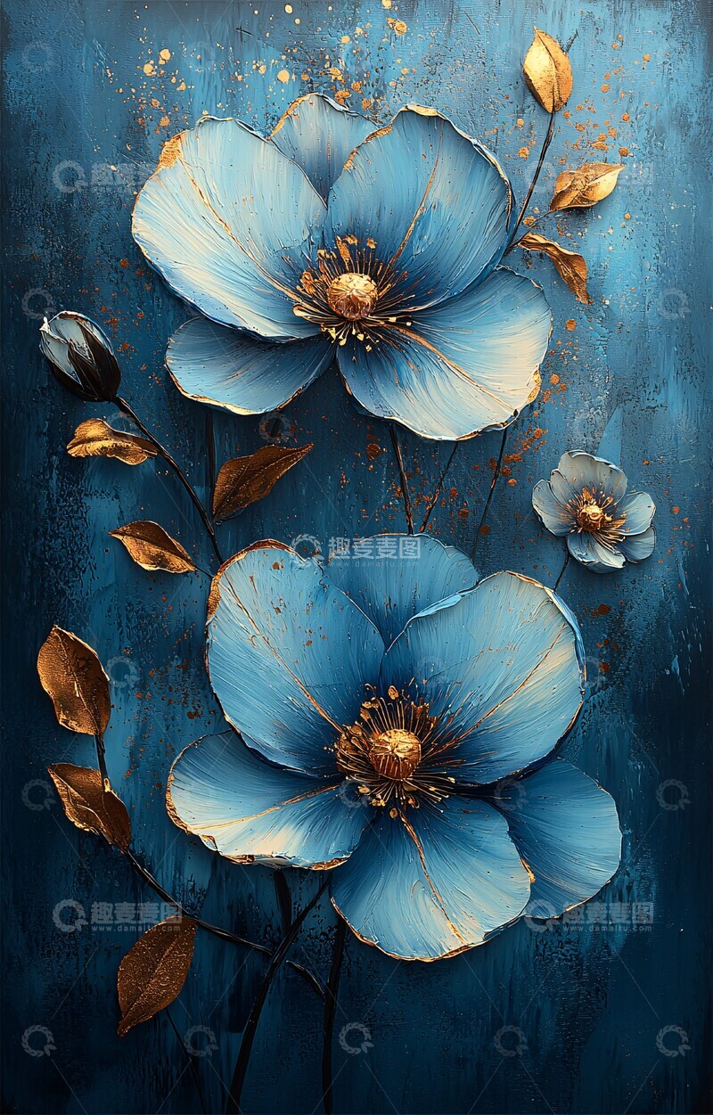 高清大图下载【趣麦麦图】青花金线花卉图1