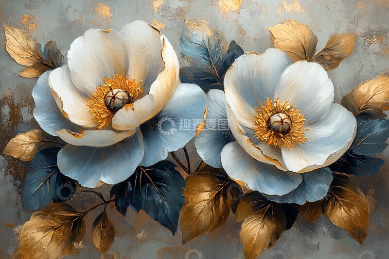 高清大图下载【趣麦麦图】白花金叶牡丹图2