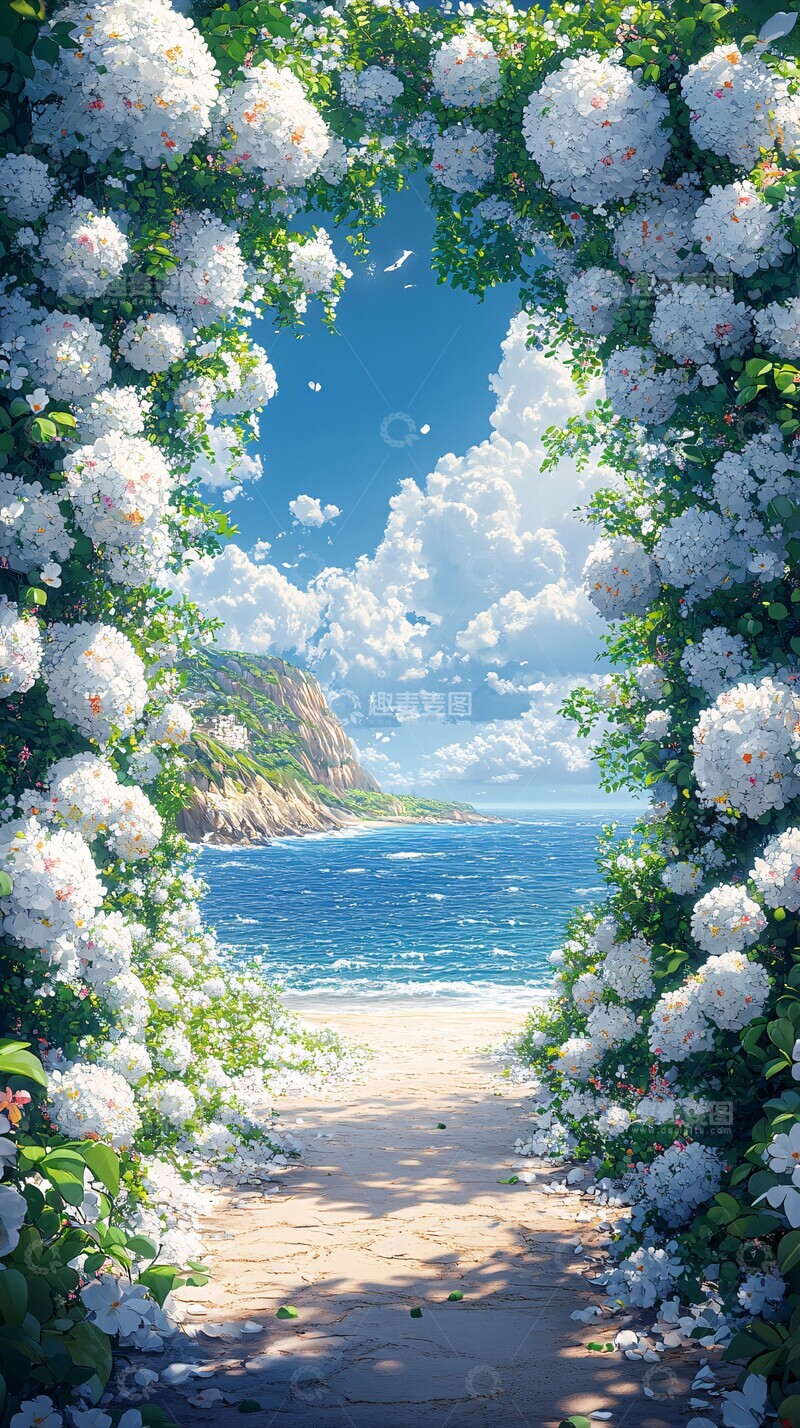 高清大图下载【趣麦麦图】白色花卉海边婚礼
