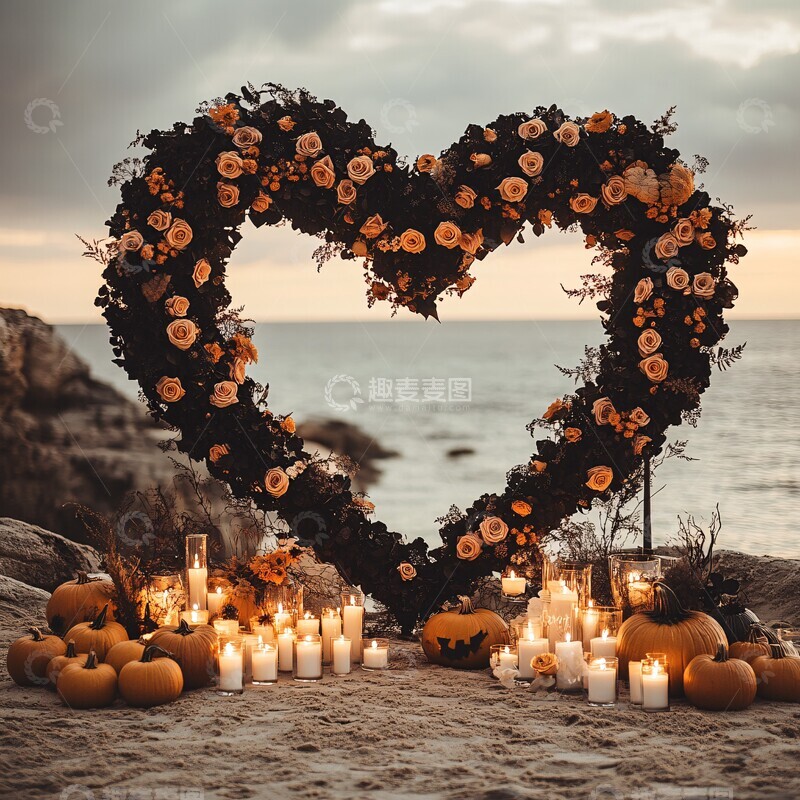 高清大图下载【趣麦麦图】黑花心形拱门烛光海景2