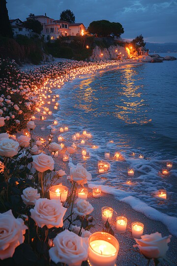 海滩玫瑰与烛光