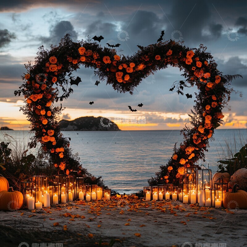 高清大图下载【趣麦麦图】黑花心形拱门烛光海景1