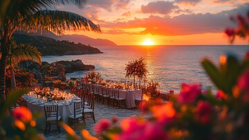 新婚夫妇餐桌夕阳花