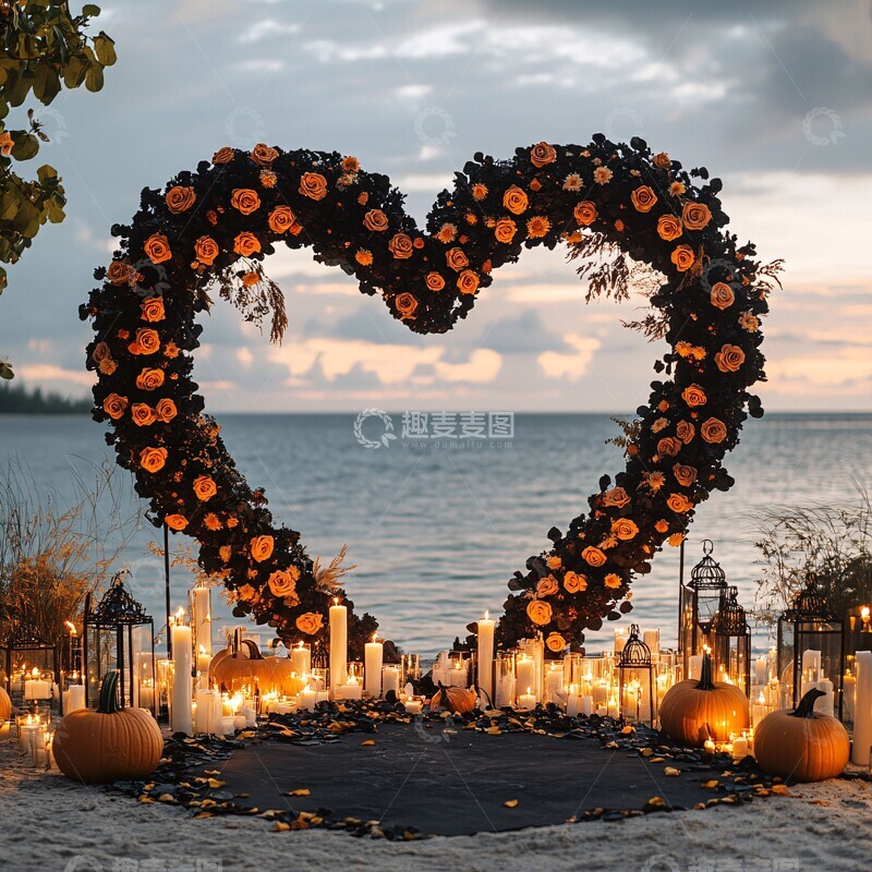 高清大图下载【趣麦麦图】黑花心形拱门烛光海景