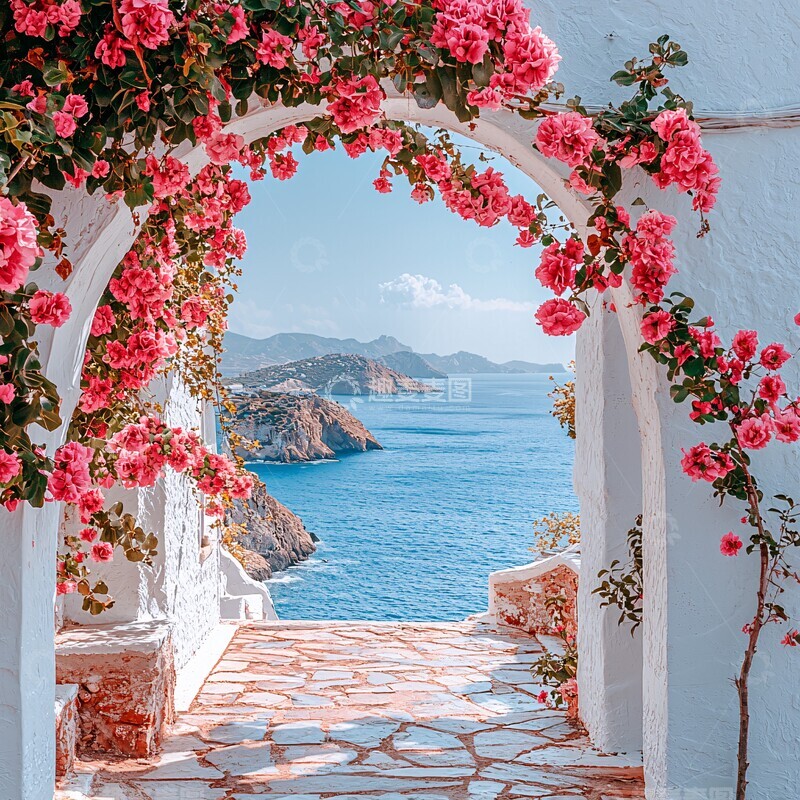 高清大图下载【趣麦麦图】白色拱门粉色花2