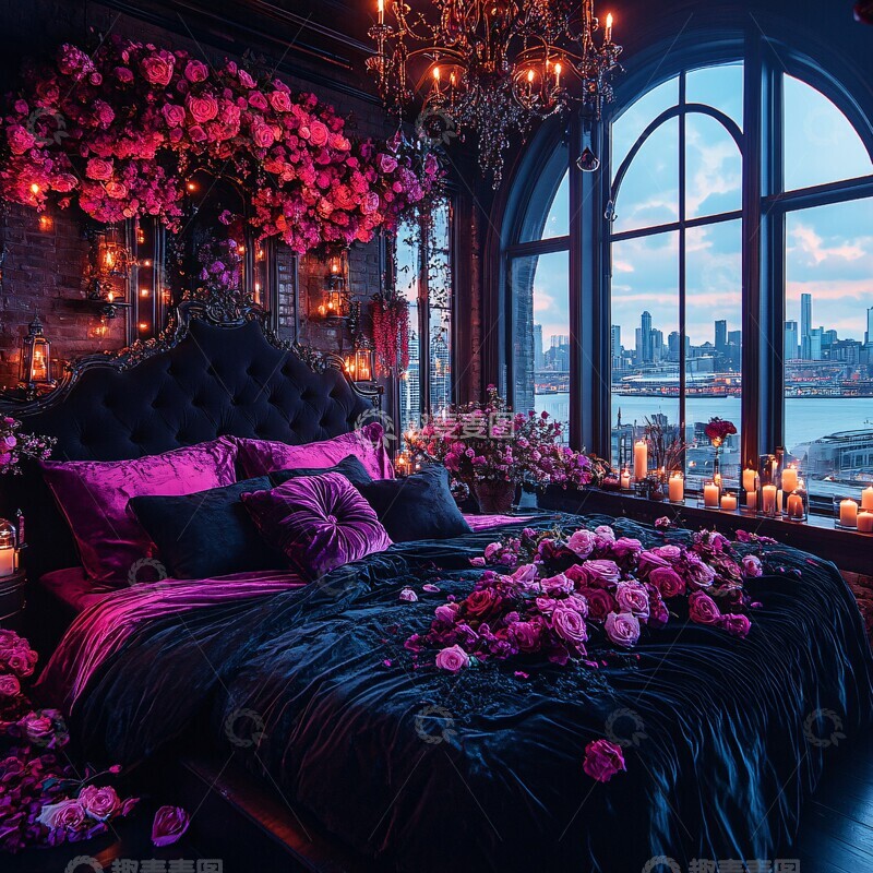 高清大图下载【趣麦麦图】黑色床单粉色枕头1