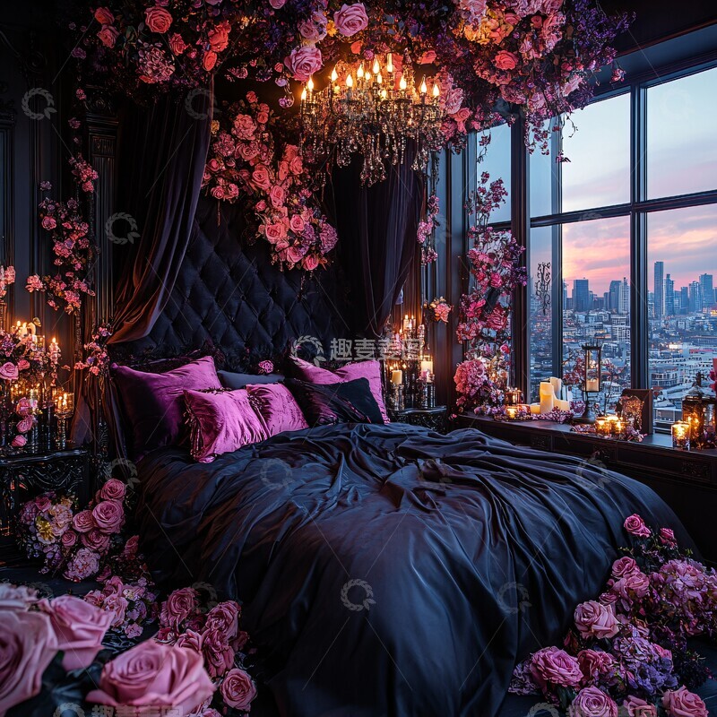 高清大图下载【趣麦麦图】黑色床单粉色枕头
