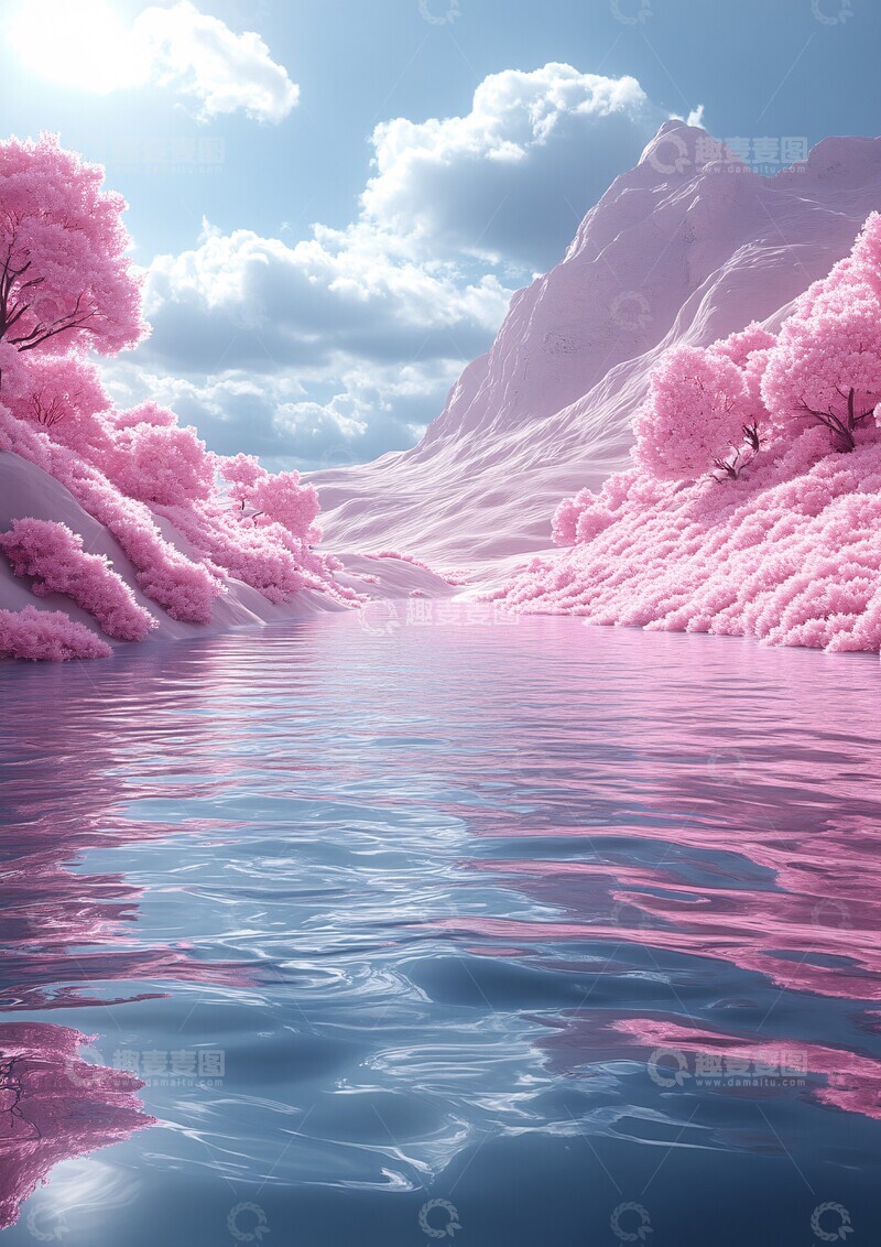 高清大图下载【趣麦麦图】粉红山水蓝天空
