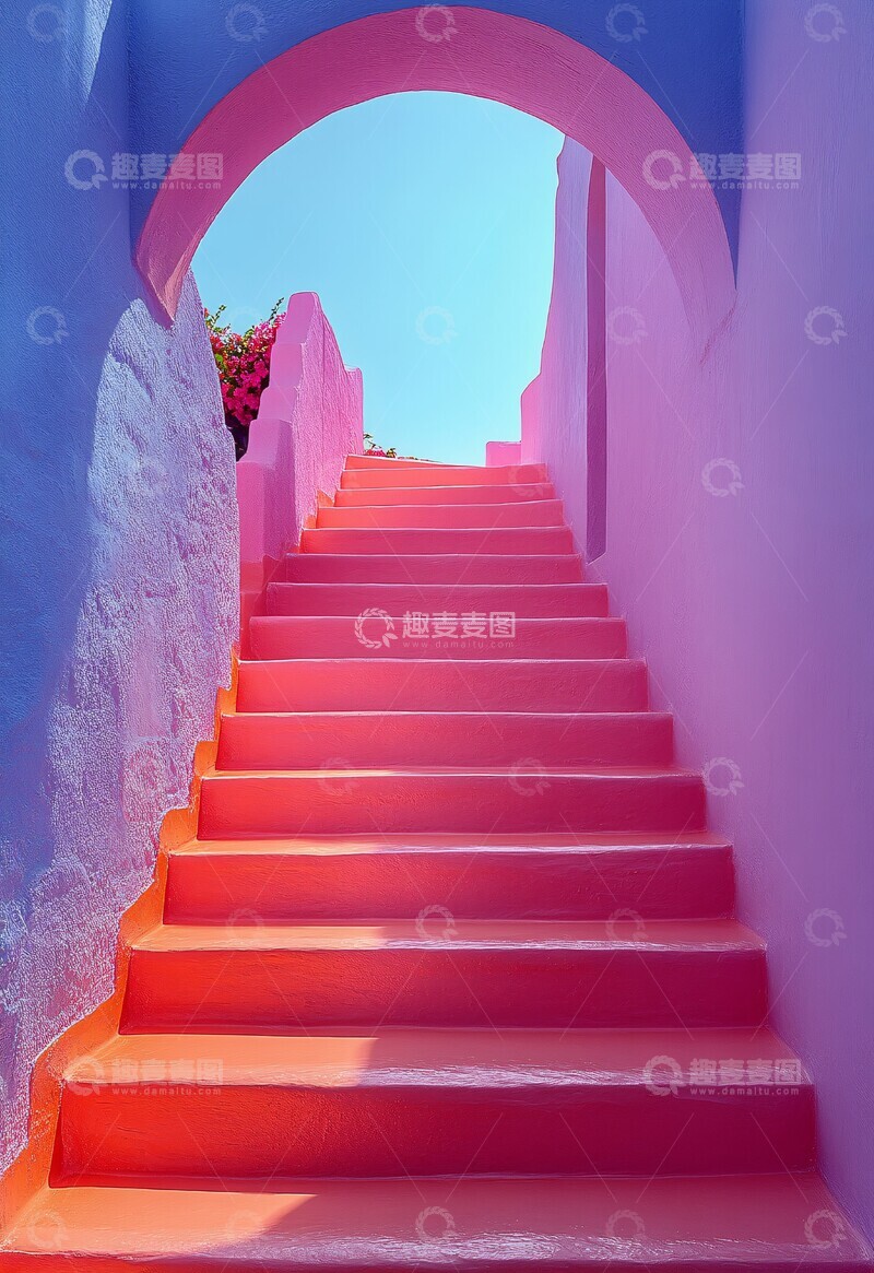 高清大图下载【趣麦麦图】粉红阶梯蓝背景