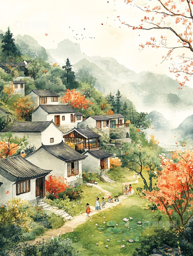 高清大图下载【趣麦麦图】草地房屋插画