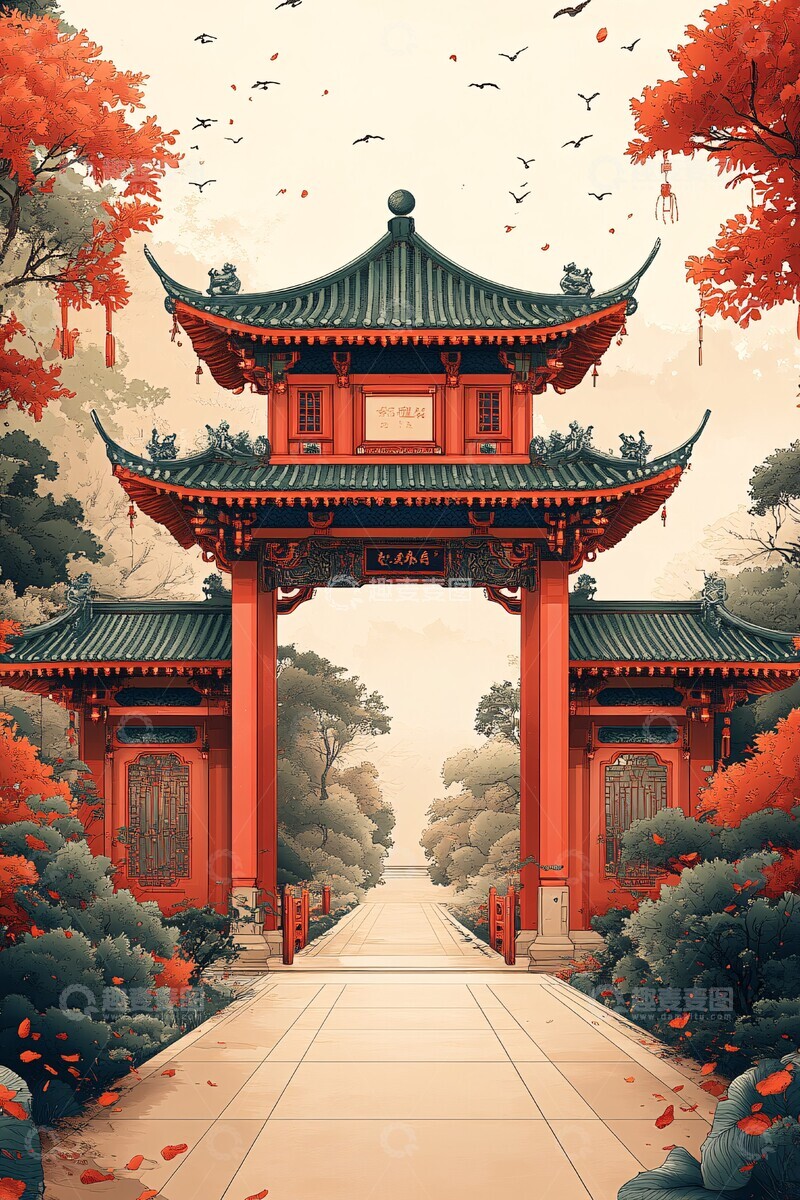 高清大图下载【趣麦麦图】中式牌坊插画1
