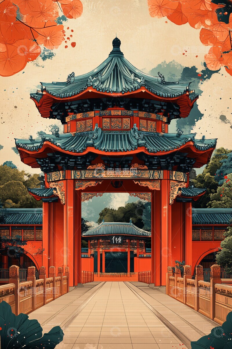 高清大图下载【趣麦麦图】中式牌坊插画