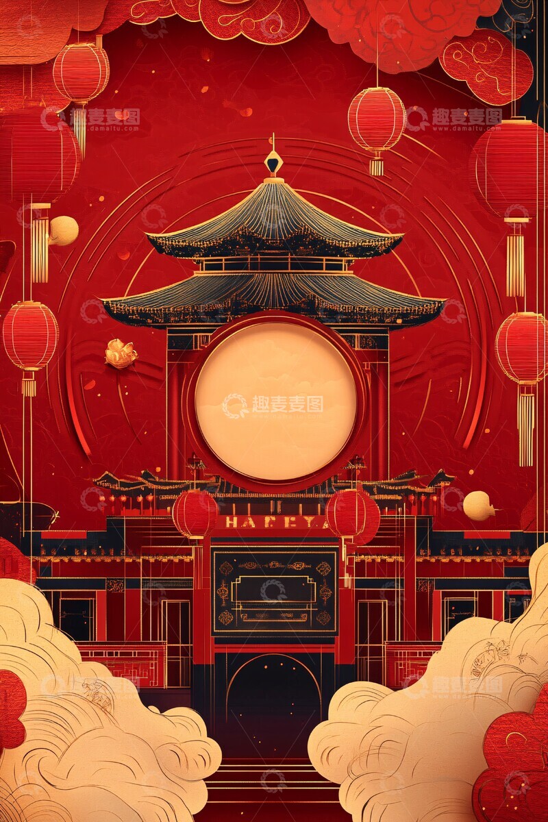 高清大图下载【趣麦麦图】金边红底祥云贺年图1