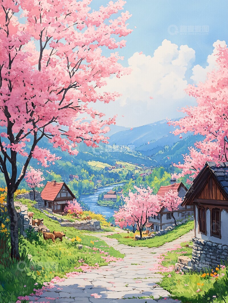 高清大图下载【趣麦麦图】石头小屋春日景1