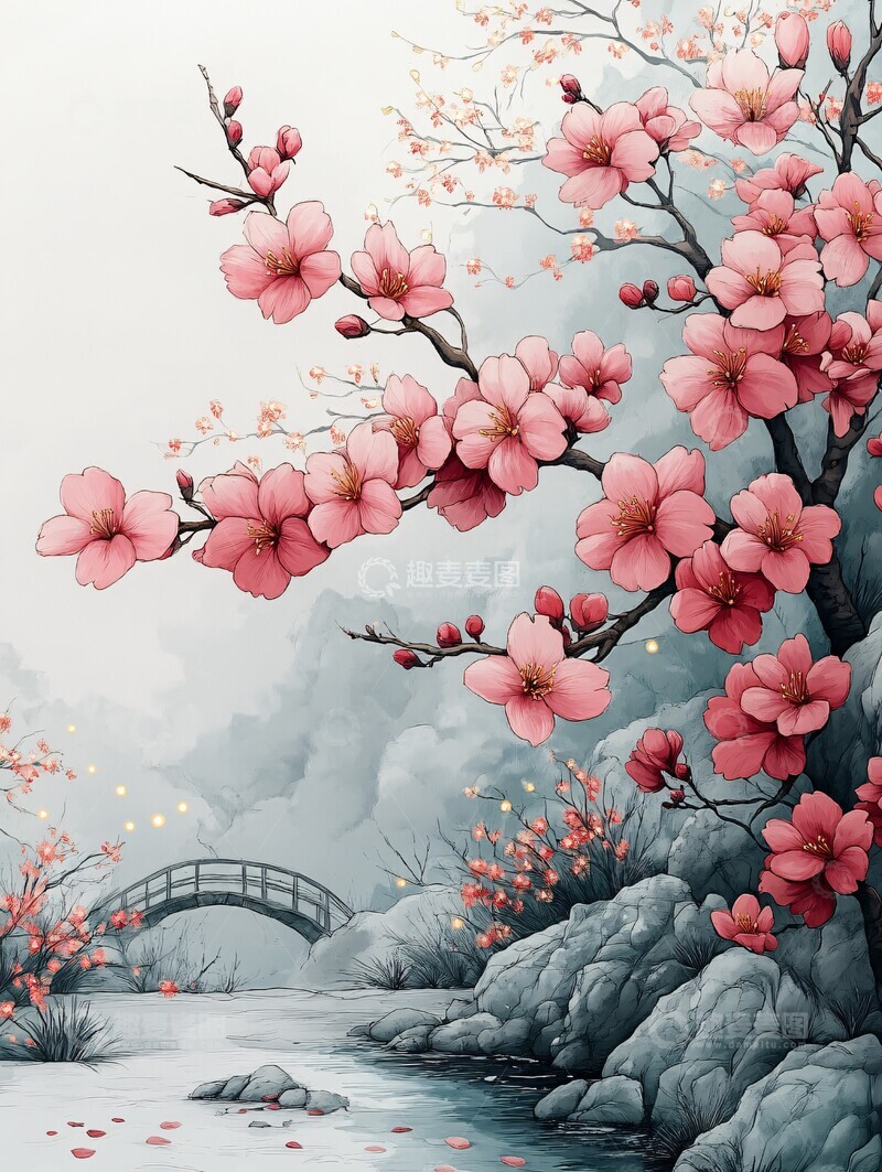 高清大图下载【趣麦麦图】樱花树枝溪流场景1