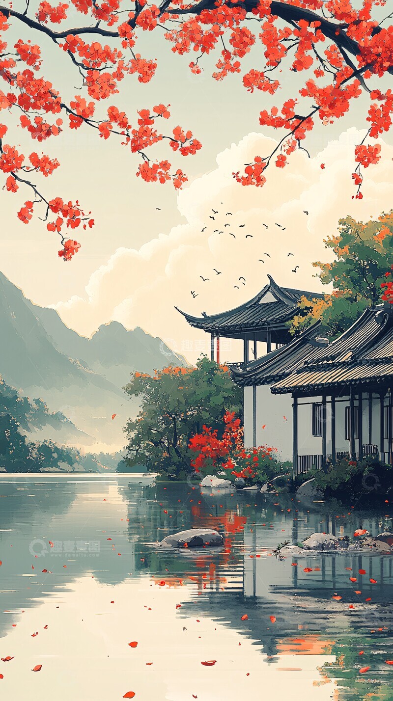 高清大图下载【趣麦麦图】桃花蛙鸣农舍景2
