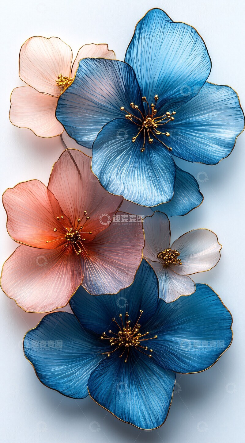 高清大图下载【趣麦麦图】蓝粉绿金色花朵2