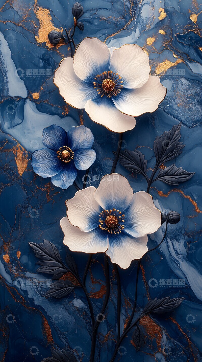 高清大图下载【趣麦麦图】蓝色白色花黑叶画1