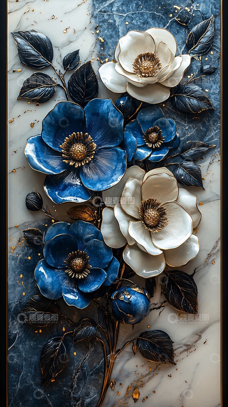 高清大图下载【趣麦麦图】蓝色白色花黑叶画