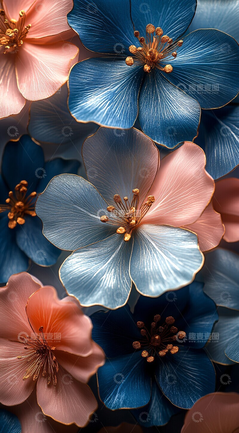 高清大图下载【趣麦麦图】蓝粉绿金色花朵