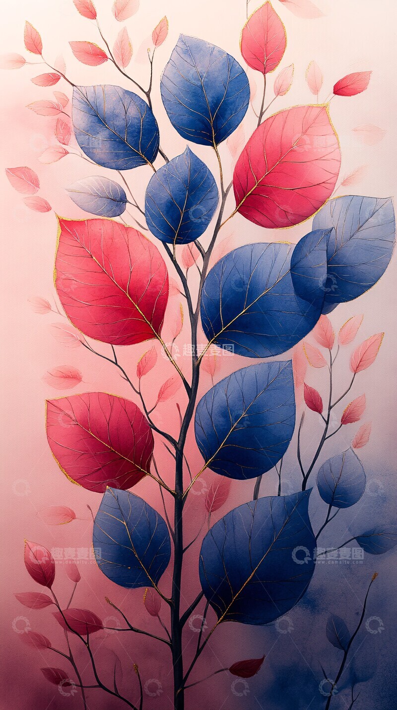 高清大图下载【趣麦麦图】粉蓝叶水彩画