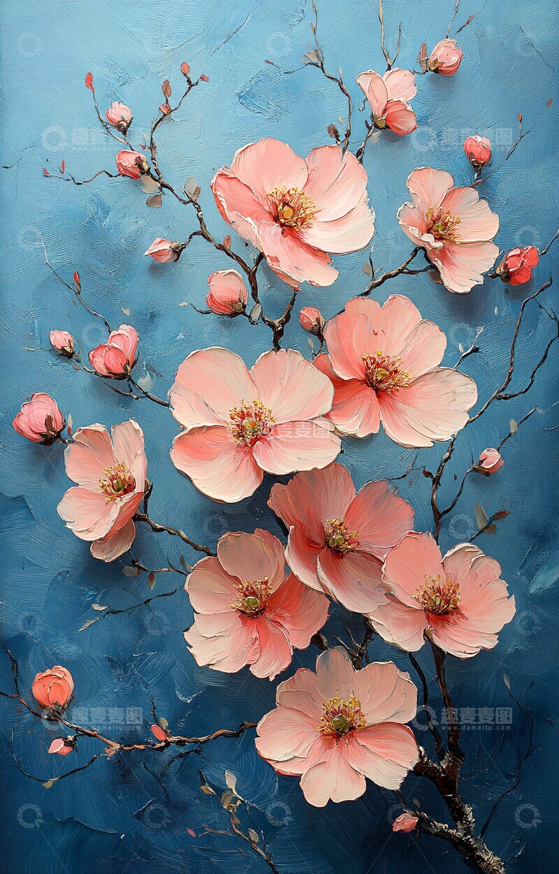 高清大图下载【趣麦麦图】粉色蓝色花朵油画5