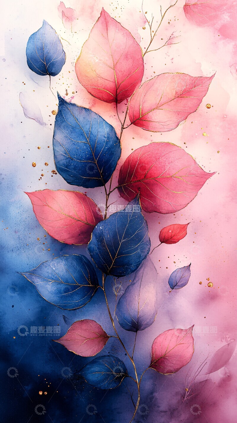 高清大图下载【趣麦麦图】粉蓝叶水彩画2