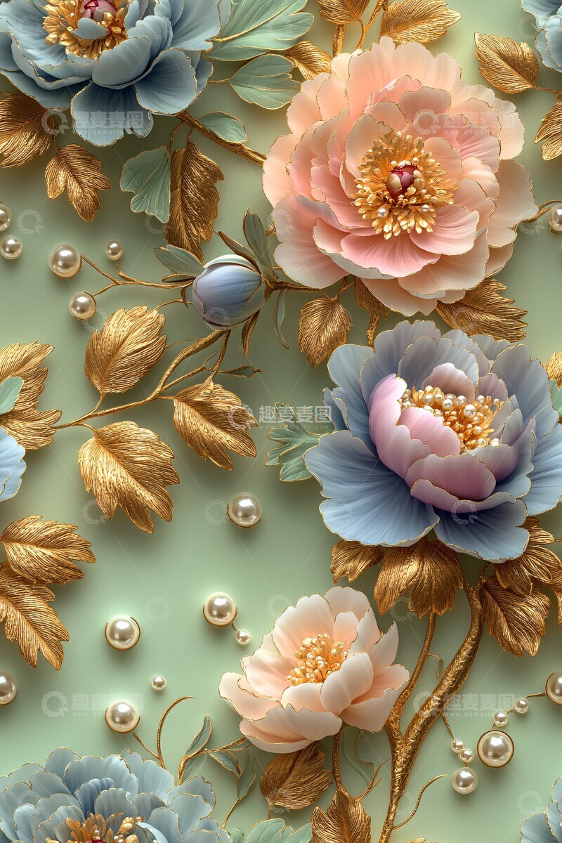 高清大图下载【趣麦麦图】金色牡丹花珍珠叶