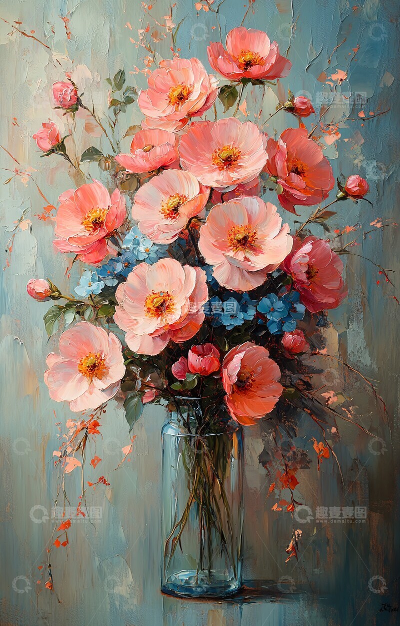 高清大图下载【趣麦麦图】粉色蓝色花朵油画4