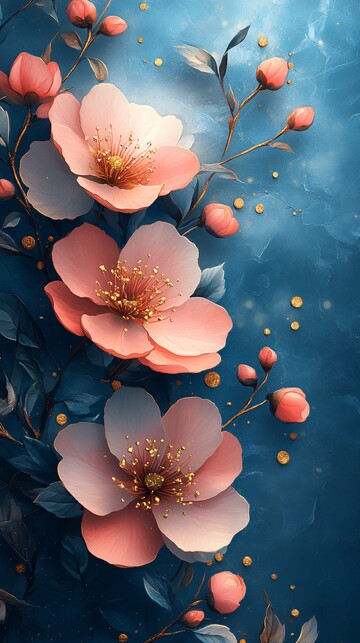 蓝粉花水彩金背景1