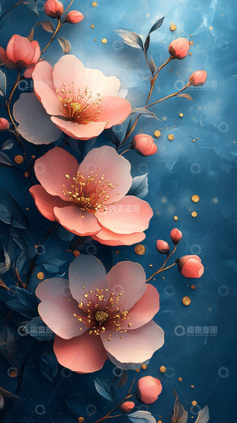 高清大图下载【趣麦麦图】蓝粉花水彩金背景1