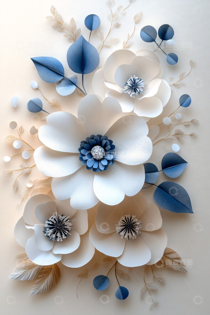 高清大图下载【趣麦麦图】白色蓝色纸花背景2