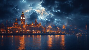 乌云闪电下的宏伟钟楼建筑夜景1