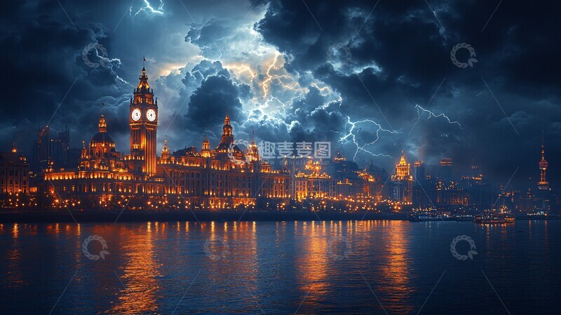 高清大图下载【趣麦麦图】乌云闪电下的宏伟钟楼建筑夜景1
