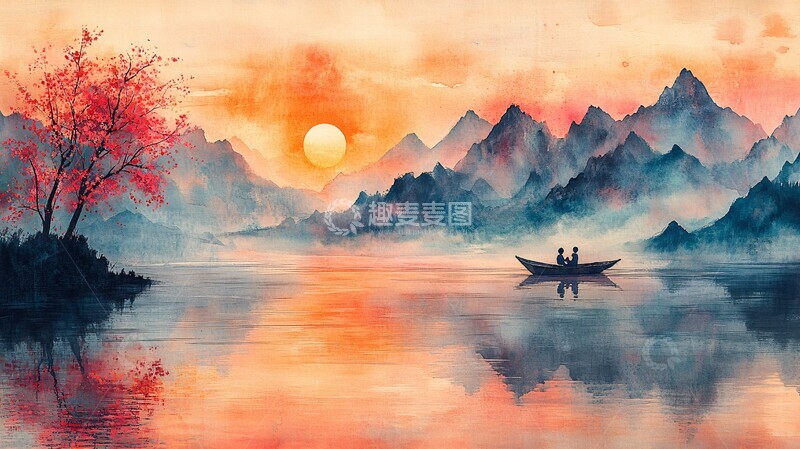 高清大图下载【趣麦麦图】山水情侣图山水情侣船