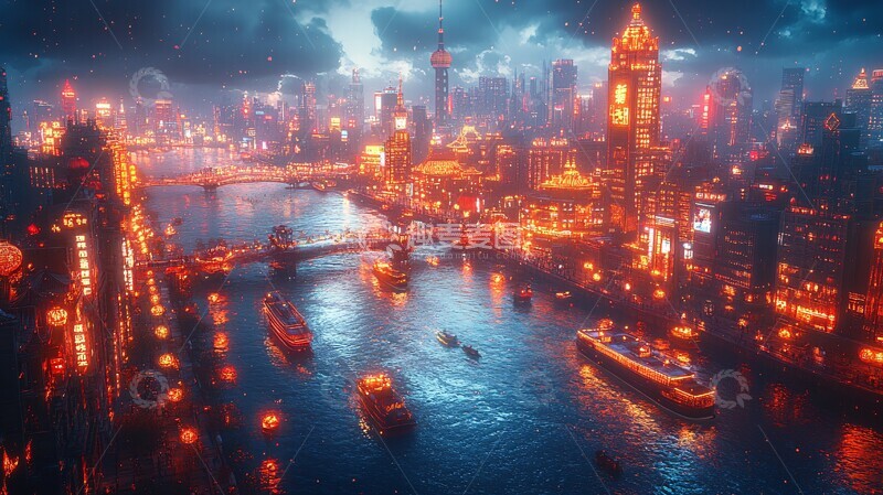 高清大图下载【趣麦麦图】城市滨水夜景灯光璀璨的俯瞰视角1
