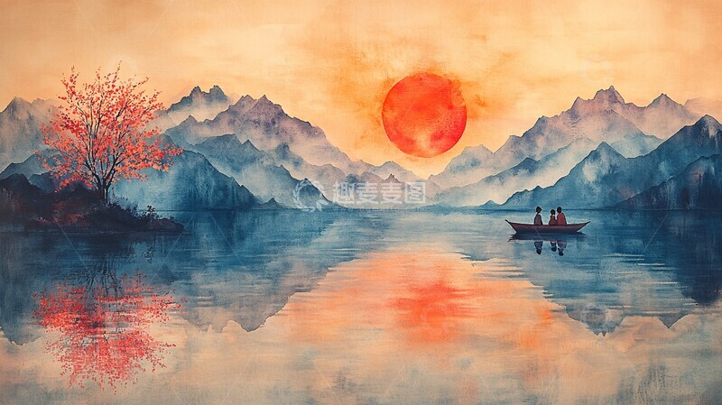 高清大图下载【趣麦麦图】山水情侣图山水情侣船1