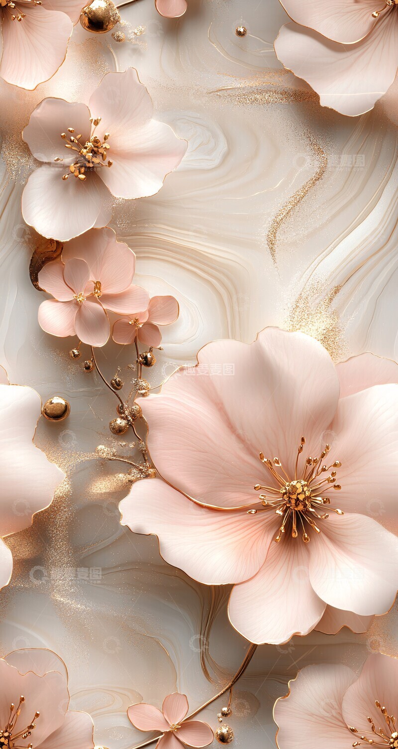 高清大图下载【趣麦麦图】粉色花卉金色点缀1