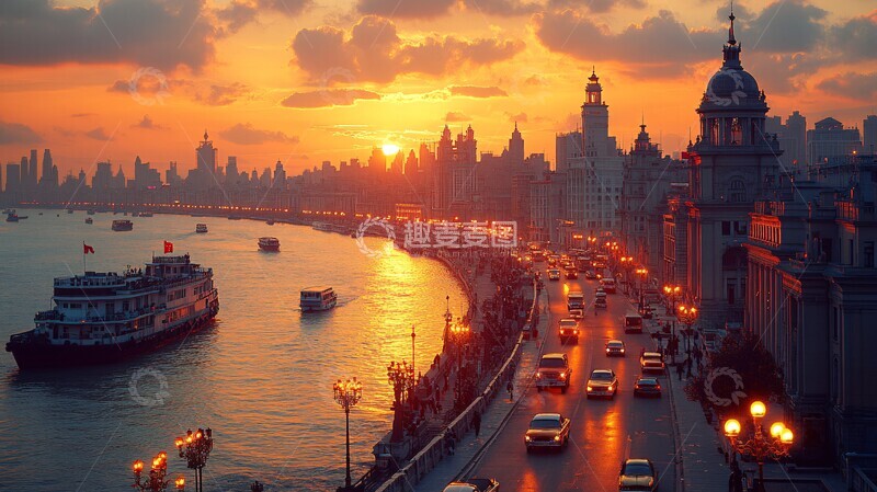 高清大图下载【趣麦麦图】夕阳下的城市河流及沿岸建筑景观