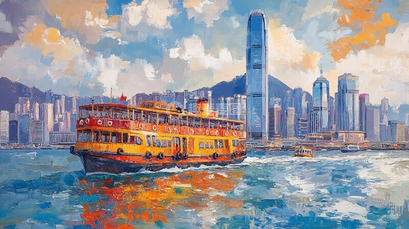 高清大图下载【趣麦麦图】城市中行驶在水面上的观光船1